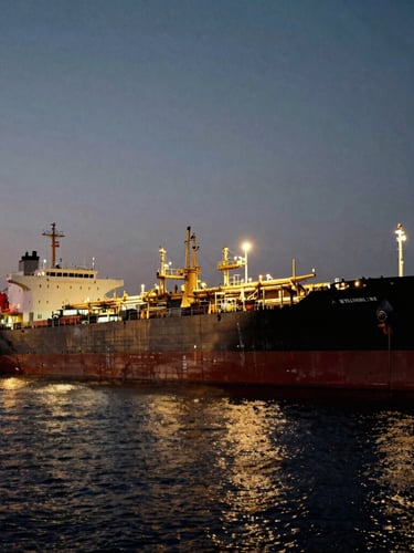 Cinematic wide shot of a massive oil tanker docked at a deepwater port at twilight, cool ambient tones, glowing gold deck lights reflecting on dark water.