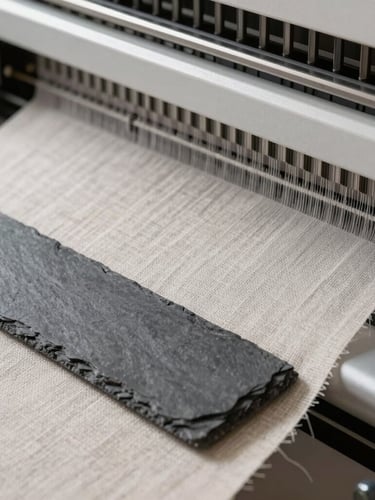 Macro close-up of high-tech automated textile cutting machine precision slicing linen fabric, bright neutral studio lighting, slate and linen tones, sharp focus