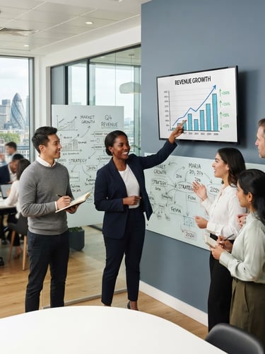 A modern London office space, a diverse team collaborating around a physical whiteboard, one person pointing at a screen displaying an upward-trending revenue chart, bright natural light, cool blue and slate tones, 35mm lens.