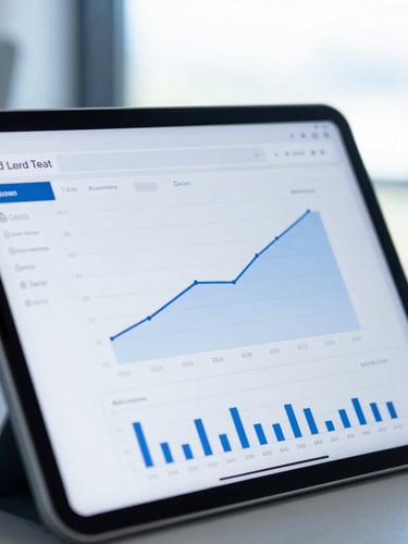 Close-up of a modern tablet screen displaying a clean dashboard with upward-trending lead acquisition charts, bright natural office light, cool blue tones, sharp focus.