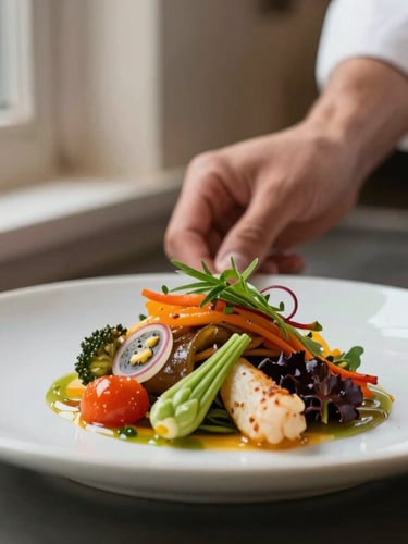 A chef carefully plating a vibrant seasonal dish in a warm neighborhood kitchen, soft natural light from a side window, close-up shot, shallow depth of field, 35mm.