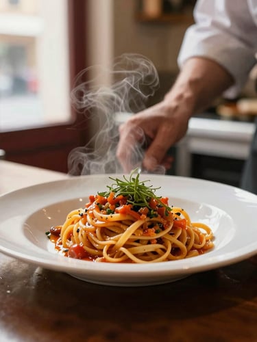 A chef carefully plating a vibrant artisanal pasta dish in a warm, bustling local neighborhood kitchen, soft steam rising, shallow depth of field