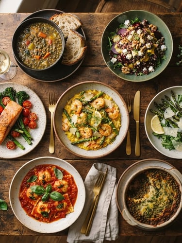 Overhead flatlay of curated weekly menu dishes arranged on a rustic wooden table, warm natural window light, rich saturated tones, 35mm