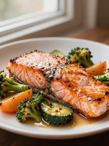 Close-up of a freshly plated pan-seared salmon with seasonal vegetables, glistening sauce, warm directional window light, 35mm
