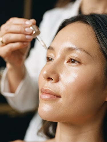 Close-up of pristine, glowing skin with soft warm studio lighting, elegant hands of a clinician visible in the background, 35mm editorial beauty photography