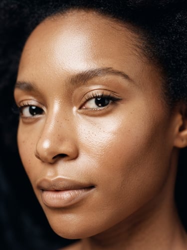 Close-up of pristine, glowing skin under soft warm directional studio light, deep black and champagne tones, high-end clinical aesthetic, 35mm