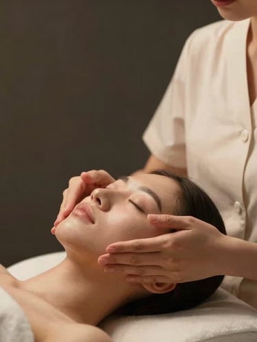 Elegant aesthetic practitioner in clean minimalist attire, performing a precise facial treatment with gentle hands, soft warm studio lighting, deep charcoal background, 35mm