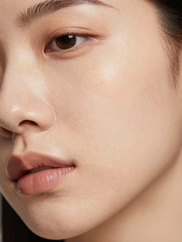 Close-up of smooth, radiant cheek skin with refined texture under identical soft warm studio lighting, 35mm clinical aesthetic