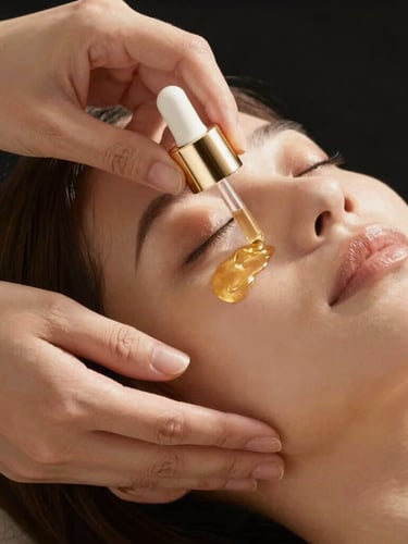 Elegant professional hands applying a golden facial oil, close-up on glowing skin, soft directional warm lighting, 35mm