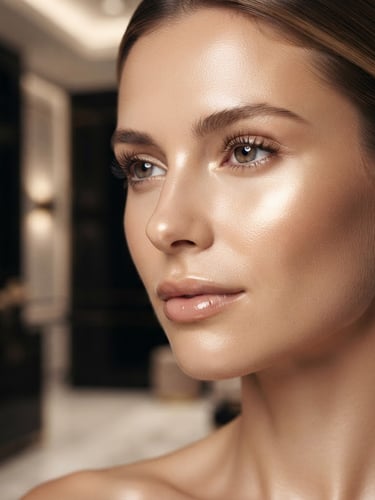 Close-up of pristine, glowing skin with warm champagne-gold light reflecting off the cheekbone, soft-focus luxury clinic background, editorial beauty photography, 35mm