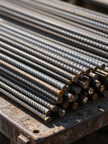 Tight macro shot of raw steel rebar bundles on a heavy transport flatbed, hard sunlight, deep shadows, industrial editorial photography