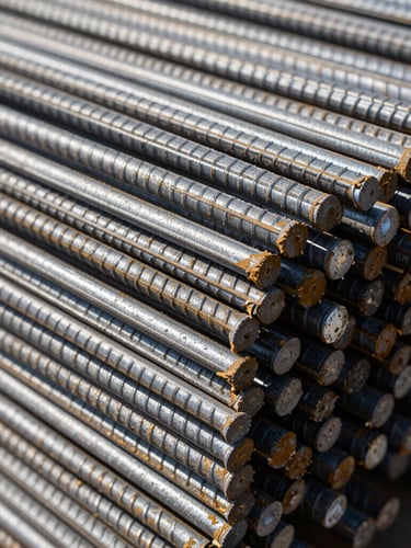 Macro industrial shot of stacked ribbed steel rebar in high-contrast natural daylight with deep shadows, raw steel tones, 35mm lens