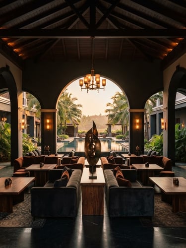 Wide-angle interior shot of a modern, luxurious Goan hospitality space at golden hour, architectural symmetry, deep shadows, warm bronze accents. No people.