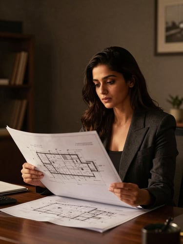 Candid, low-contrast portrait of Sakshi Chauhan reviewing architectural blueprints in a well-appointed office, warm side lighting, focused expression, hints of charcoal and bronze tones.