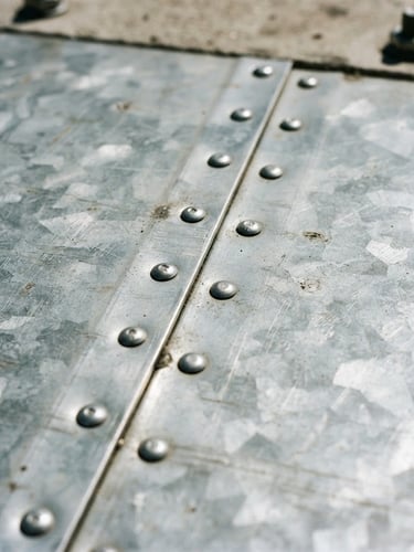 Tight macro shot of clean metal seams on galvanized steel sheets, high-contrast natural site light, sharp focus, 35mm