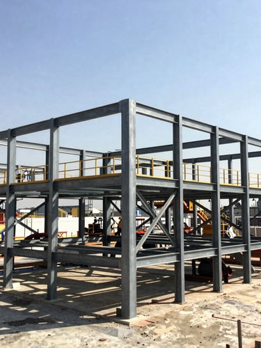 Wide-angle structural environmental shot of an active industrial worksite with heavy steel framing, hard direct sunlight, high contrast metallic tones, sharp focus, 35mm