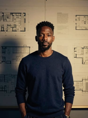Portrait d'un fondateur de Dream Engineering, homme afro-canadien, regard confiant, devant un mur de plans architecturaux éclairé par une lumière dramatique dorée, cadrage portrait, 35mm