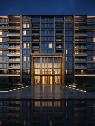 Rendu architectural 3D d'une façade de bâtiment moderne et luxueux, avec des lignes épurées et des reflets dorés, sous un éclairage dramatique de fin de journée, vue large et symétrique, ciel profond.