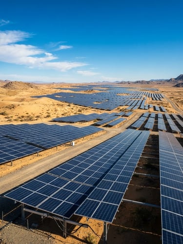 Wide-angle architectural view of a massive solar array in the desert, sharp natural sunlight, sand-gold tones, 35mm