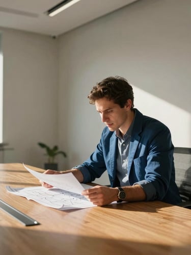 Candid, unposed portrait of a focused leader reviewing blueprints and maps in a warm, sunlit modern boardroom, high-contrast natural light, 35mm editorial.