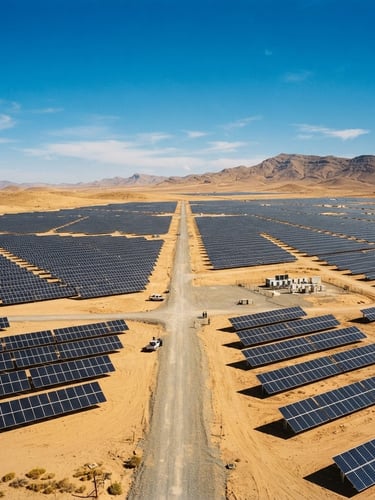 Wide environmental shot of a massive solar array in the Mediterranean desert, sharp natural sunlight, deep blue sky, warm sand-gold tones, 35mm editorial photography.