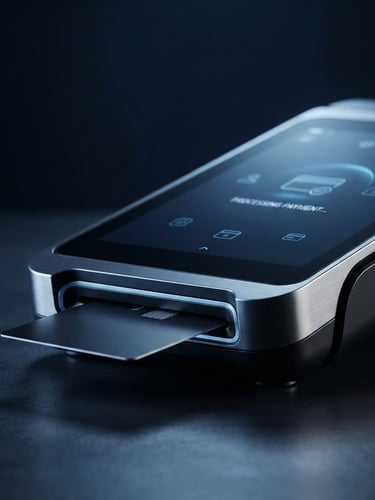 High-end POS terminal with a secure chip card insert, sleek design, cool blue studio lighting, sharp focus, dark background, professional, clean