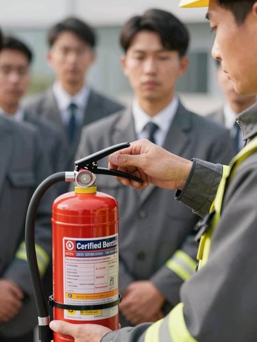 Close-up of a certified safety instructor demonstrating fire extinguisher usage to a focused corporate group, natural daylight, orange and slate grey tones, professional editorial photography