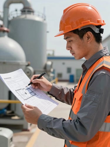 Professional editorial photography of an industrial engineer analyzing architectural safety plans in a clean facility, crisp natural daylight, high-contrast orange and slate grey tones, sharp focus, 35mm lens