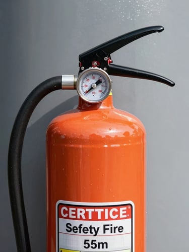 Close-up of certified fire safety equipment, pressure gauge on a safety orange extinguisher, clean industrial background, professional editorial photography, crisp natural daylight, high-contrast orange and slate grey tones, sharp focus, 35mm lens