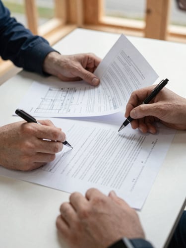 Close mid-distance shot of two sets of hands on a site table reviewing a printed building contract in overcast natural light — one hand holds a pen marking a clause, the other holds back a page, a hard copy of structural drawings visible beneath the contract, rough timber framing visible in the soft background
