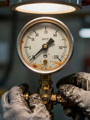 Extreme close-up of a ship refrigeration gauge mid-reading, corroded brass dial face under harsh overhead tungsten light, a technician's gloved hand resting on the valve stem, tight framing showing scale deposits and salt residue on the fitting