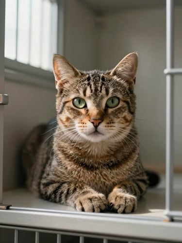 Medium environmental shot of a calm tabby cat resting in a shelter kennel, soft natural window light falling across its face and front paws, neutral warm tones, documentary framing — shelter interior visible behind