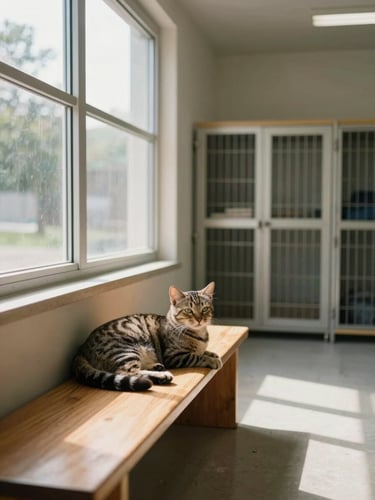 Wide environmental shot inside a shelter adoption room, a calm tabby cat resting on a wooden bench near a large window, soft natural daylight streaming in from the right, shelter kennel doors visible in the soft background, documentary tone