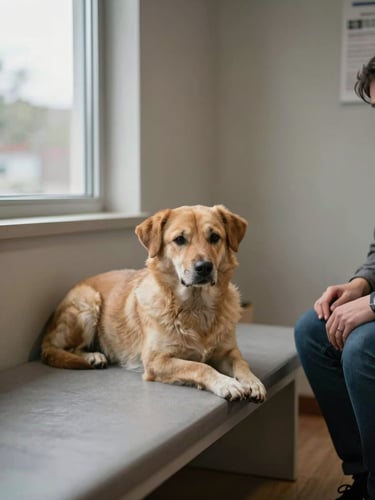 Medium environmental shot inside a shelter adoption counseling room, a calm dog resting on a low bench near a window, soft natural overcast light coming from the left, staff member's hands visible resting near the dog, neutral warm gray walls and wood flooring in background