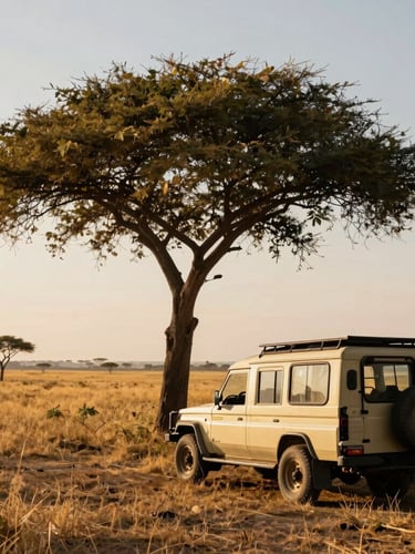 Low-angle morning sun illuminating a private safari vehicle parked near an ancient acacia tree, vast golden savannah stretching to the horizon, warm editorial photography style.
