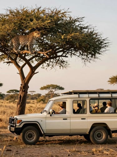 A private open-sided safari vehicle parked quietly near a solitary acacia tree, guests observing a leopard on a branch, warm golden-hour light, soft focus background, 35mm film aesthetic