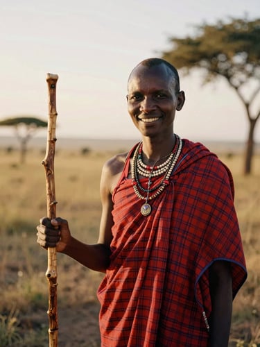 Intimate portrait of a Maasai naturalist guide in the Maasai Mara, soft golden-hour light, holding a hand-carved walking stick, smiling warmly, 35mm film aesthetic.