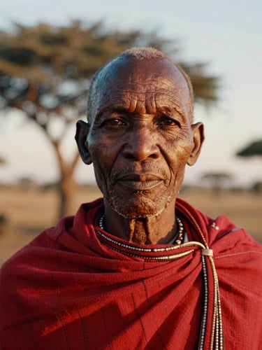 Intimate close-up portrait of an elder Maasai guide in traditional red shukah, warm golden-hour light illuminating his weathered face, soft-focus acacia trees in the background, 35mm film aesthetic.
