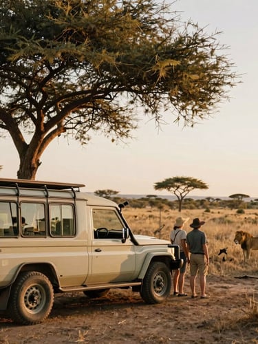 A wide-angle, warm golden-hour shot of an open-sided private luxury safari vehicle parked near a solitary acacia tree, a couple watching a distant lion pride, shallow depth of field, 35mm film aesthetic.