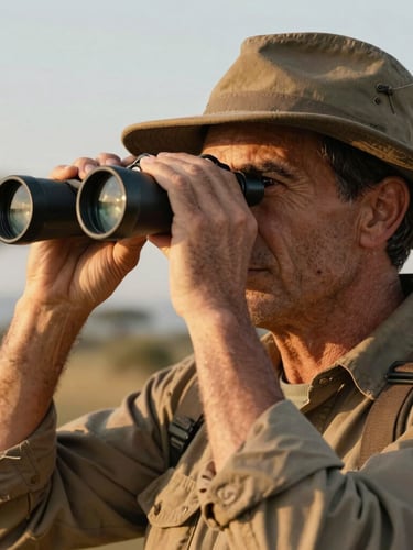 A close-up of an experienced Kenyan safari guide in a canvas hat, looking through binoculars during early morning light, warm tones, soft background