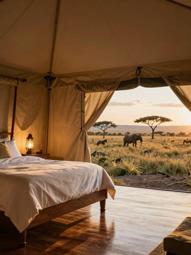 An elegant luxury safari tent interior at golden hour, fine linens on a canopy bed, warm lantern light reflecting on polished wood floors, open canvas looking out to the Maasai Mara.
