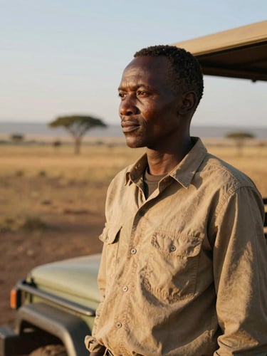 Intimate portrait of a Samburu wildlife tracker looking out over the Laikipia plains, warm low-angle morning sun, shallow depth of field, rich earth tones, 35mm film aesthetic.