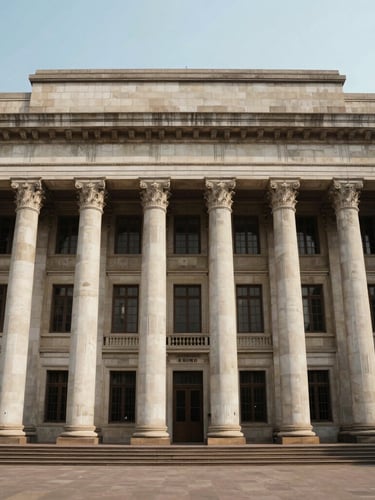 Wide environmental shot of classical New Delhi judicial building, emphasizing symmetry, scale, and clean geometric lines of stone columns.