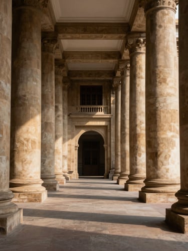 Symmetrical environmental shot of classical New Delhi institutional architecture, sharp geometric shadows on sandstone columns, soft daylight, unposed, architectural scale.