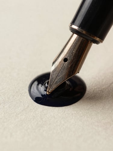 Macro close-up of dark fountain pen ink settling on textured, heavy cream paper stock, showing fine fibers and rich contrast.