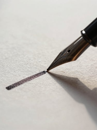 Extreme close-up macro shot of heavy cotton paper stock with dark fountain pen ink strokes, soft north-facing daylight, casting long geometric shadows.