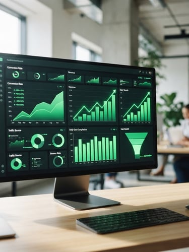 Crisp editorial photography of a high-contrast modern screen displaying a real analytics dashboard with rising green conversion charts, bright natural workspace light, 35mm lens