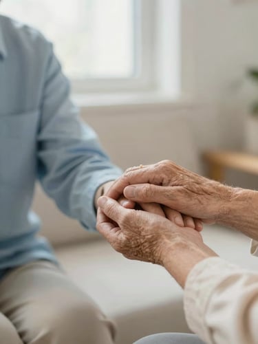 Close-up shot of a caregiver holding an elderly hand gently, warm indoor lighting, soft blue and cream tones, 35mm