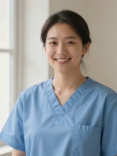 Medium shot of a professional caregiver in clean blue scrubs smiling warmly, soft natural window light, shallow depth of field, 35mm