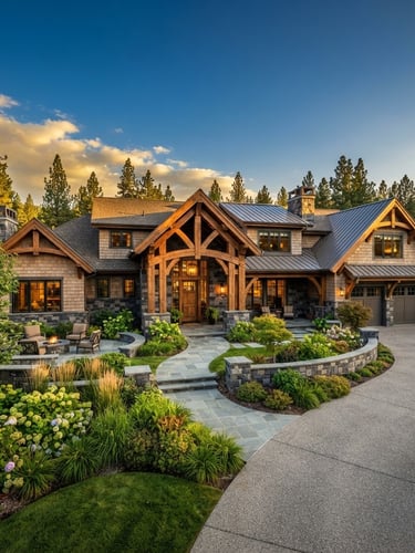 Wide-angle premium architectural photography of a completed custom home exterior in Spokane Valley, warm golden-hour light highlighting heavy timber framing, clean masonry, and a manicured landscape, high-contrast editorial style.